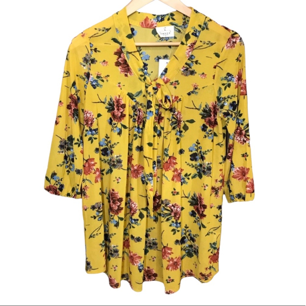 Ember Boho blouse, mustard floral 3/4 sleeves nwt